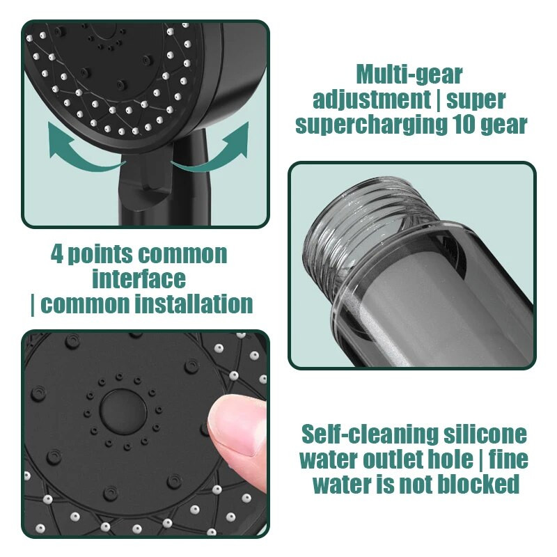 10 režiimi kõrgsurvefiltriga dušiotsik, üks klahvistik, vesi Vannitoa käeshoitav dušipea kaasaskantav dušiotsik