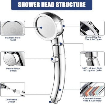 Ρυθμιζόμενη κεφαλή ντους μπάνιου 3 λειτουργιών Ντους υψηλής πίεσης για εξοικονόμηση νερού με κουμπιά Μασάζ βροχής SPA Φορητές κεφαλές ντους