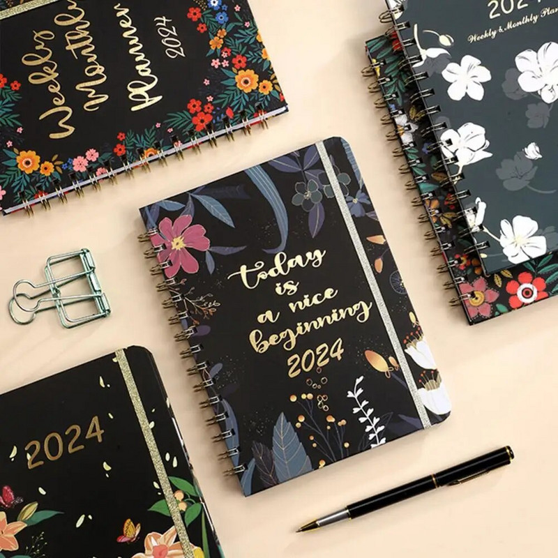 Plánovač stretnutí 2024 Týždenný mesačný plánovač 2024 Plánovač s kvetinovým vzorom špirály Týždenný mesačný zápisník pre domácu školu a kanceláriu
