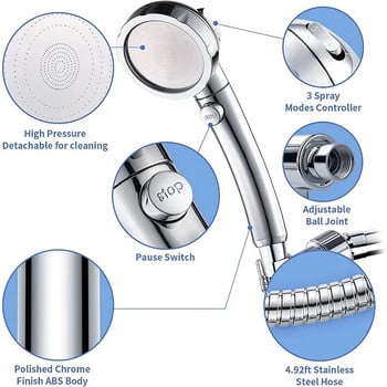 Душ слушалка за вана 3 режима Регулируема икономия на вода Дъжд под високо налягане Луксозен домашен хотел Сребърна пръскачка Аксесоари за баня