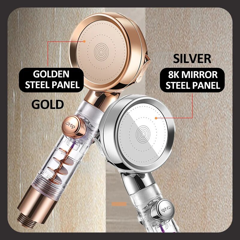 Uus 3 režiimiga reguleeritav kõrgsurvefilter vihmaturbiiniga dušipea, ühe nupuvajutusega vett säästev otsik Vannitoa tarvikud