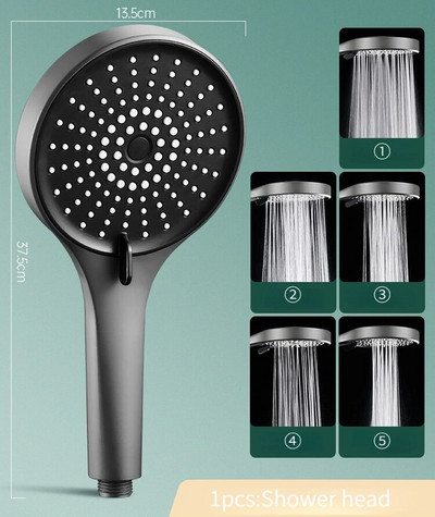 Didelė dušo galvutė, 5 režimai, reguliuojamas aukšto slėgio dušo komplektas su dušo filtru, pasukama dušo galvutė lietaus dušo galvutė