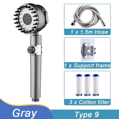 Aukšto slėgio dušo galvutė 3 režimų, vieno mygtuko stabdymo reguliuojamas purškiklis su masažinio šepečio filtru Lietaus dušo maišytuvas Vonios kambario priedai