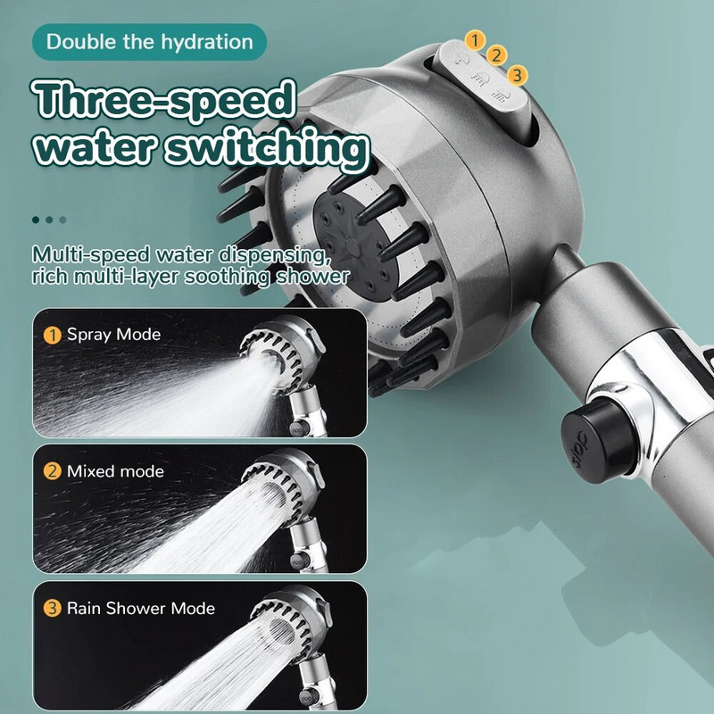 Aukšto slėgio dušo galvutė 3 režimų, vieno mygtuko stabdymo reguliuojamas purškiklis su masažinio šepečio filtru Lietaus dušo maišytuvas Vonios kambario priedai