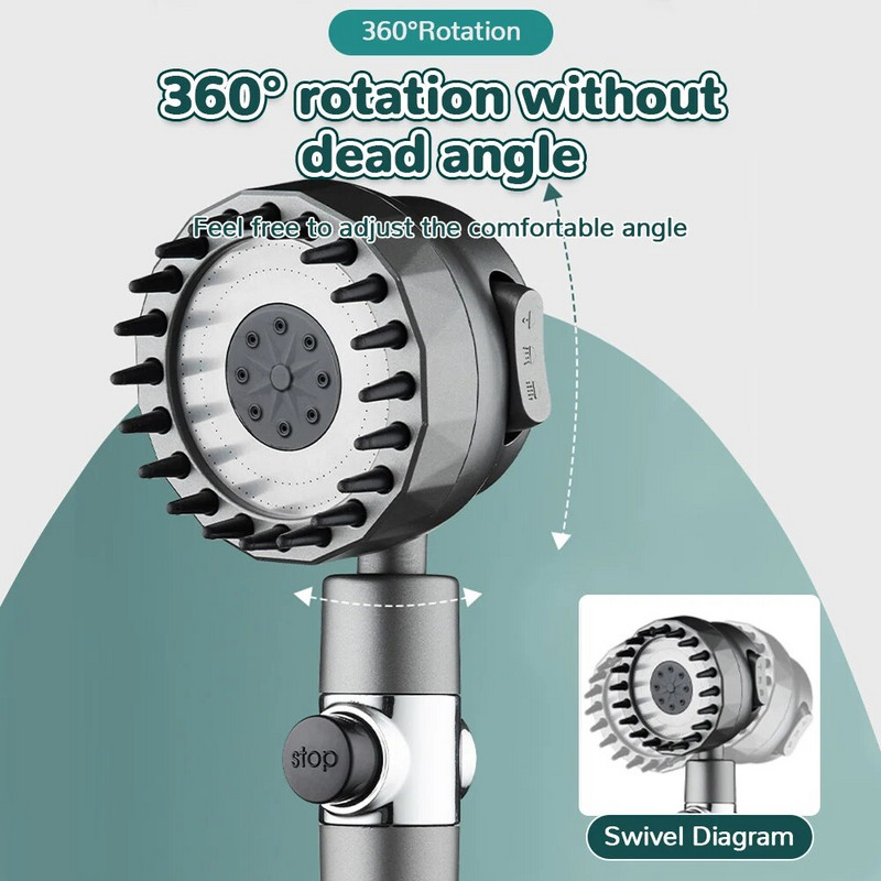 Aukšto slėgio dušo galvutė 3 režimų, vieno mygtuko stabdymo reguliuojamas purškiklis su masažinio šepečio filtru Lietaus dušo maišytuvas Vonios kambario priedai
