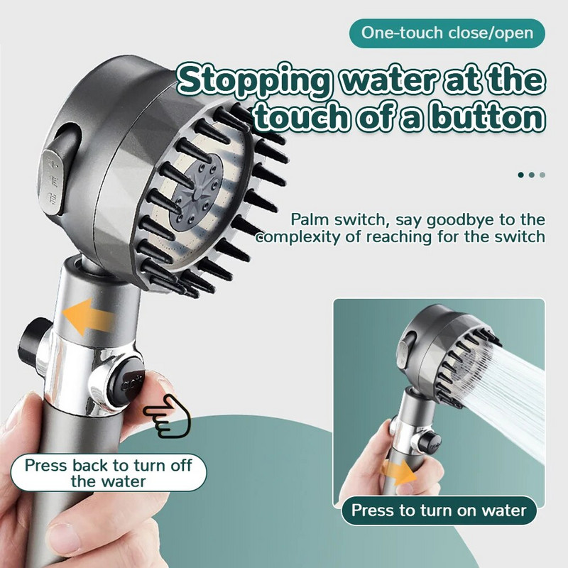 Aukšto slėgio dušo galvutė 3 režimų, vieno mygtuko stabdymo reguliuojamas purškiklis su masažinio šepečio filtru Lietaus dušo maišytuvas Vonios kambario priedai