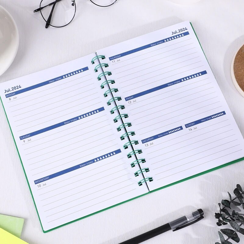 18-mesačný týždenný kalendár, zápisník A5, anglický, cievkový zošit, zákazkový prevrátený špirálový opasok, mesačný zápisník, kancelárske potreby