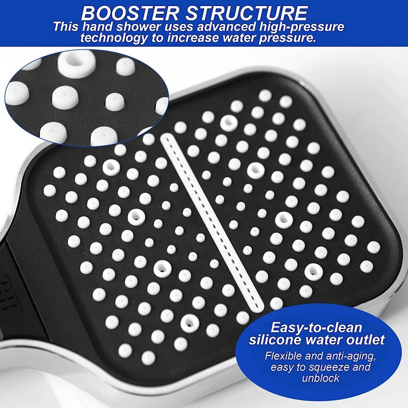 ΝΕΑ SquarBlack κεφαλή ντους Ρυθμιζόμενη βρύση ντους 7 λειτουργιών Μεγάλο πάνελ ροής βροχής δέρμα ABS Αξεσουάρ μπάνιου ντους χειρός