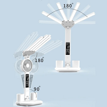 3в1 Мултифункционална настолна лампа LED четириглава сгъваема с вентилатор Календар Часовник USB акумулаторна настолна лампа 3 цвята лампа за четене