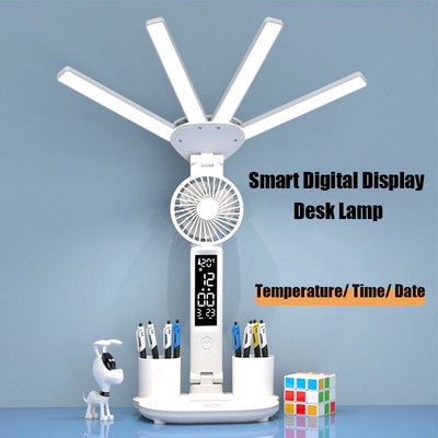 3 az 1-ben többfunkciós asztali lámpa LED négyfejű összecsukható ventilátorral naptár óra USB újratölthető asztali lámpa 3 színű olvasólámpa