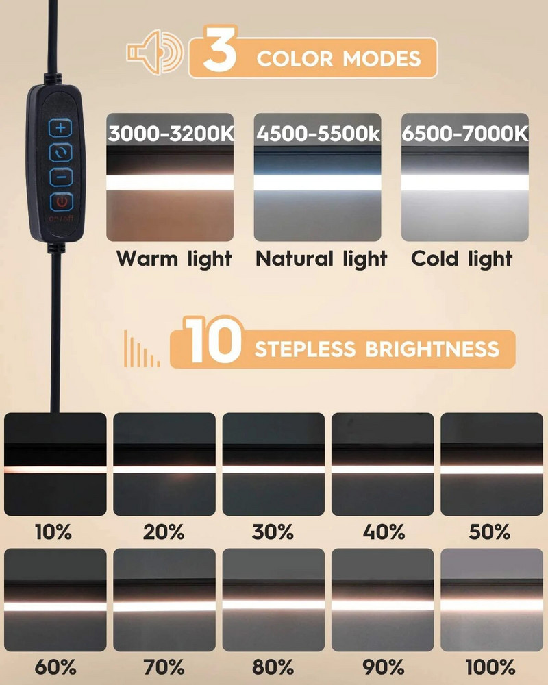 LED stolová lampa s klipom, stolová lampa s ochranou zraku, kancelárske svetlo s nastaviteľným jasom, 3 režimy svietenia, 10 úrovní jasu