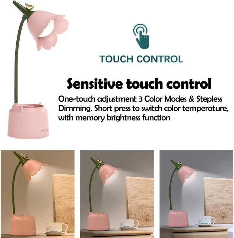 Miela stalinė lempa Įkraunama LED naktinio apšvietimo stalinė lempa miegamojo gėlių skaitymui su rašiklio laikikliu 3 spalvų režimai ir pritemdymas