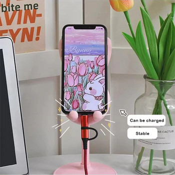 Розов държач за телефон Настолен стойка за мобилен телефон за iPhone 13 14 Смартфон Samsung Регулируем Прекрасен заек Карикатура Поддръжка на маса