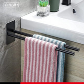 Samolepiaci vešiak na uteráky bez vŕtania, držiak na uteráky z nehrdzavejúcej ocele s dvoma ramenami, čierny matný držiak na uteráky na toaletný stolík