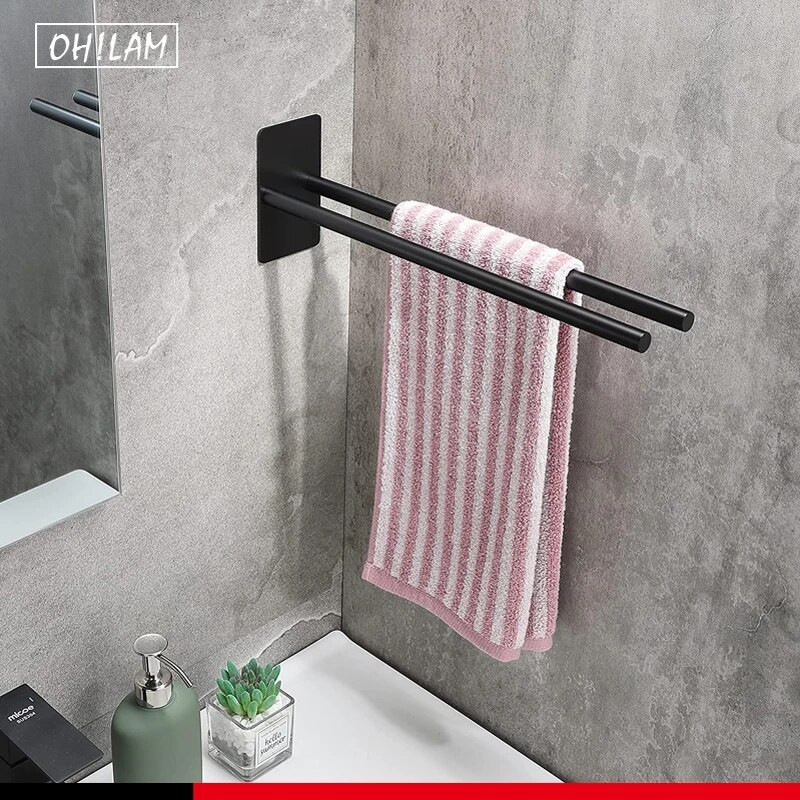 Samolepiaci vešiak na uteráky bez vŕtania, držiak na uteráky z nehrdzavejúcej ocele s dvoma ramenami, čierny matný držiak na uteráky na toaletný stolík