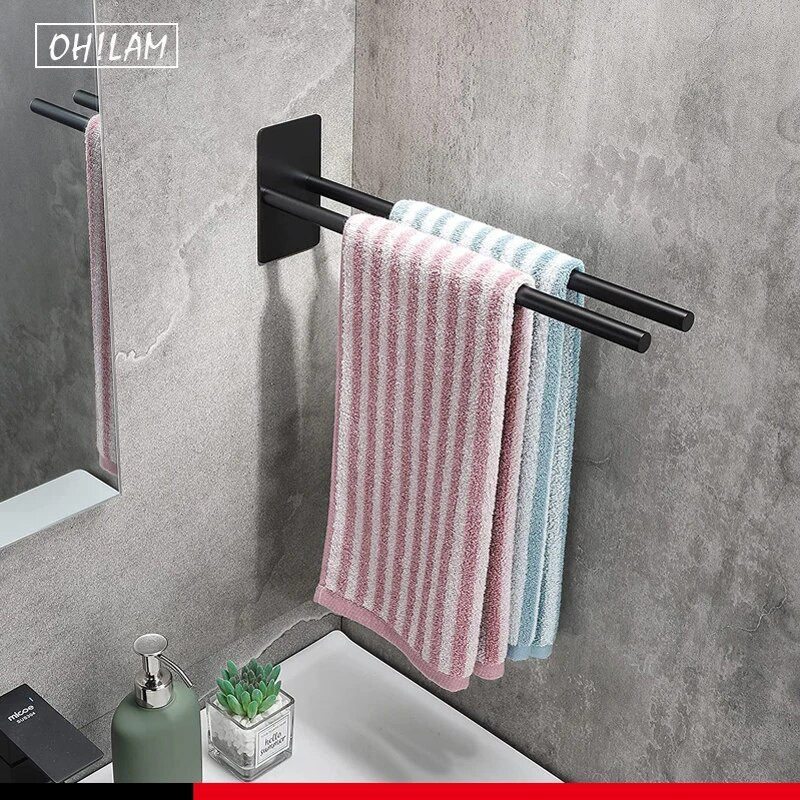 Samolepiaci vešiak na uteráky bez vŕtania, držiak na uteráky z nehrdzavejúcej ocele s dvoma ramenami, čierny matný držiak na uteráky na toaletný stolík