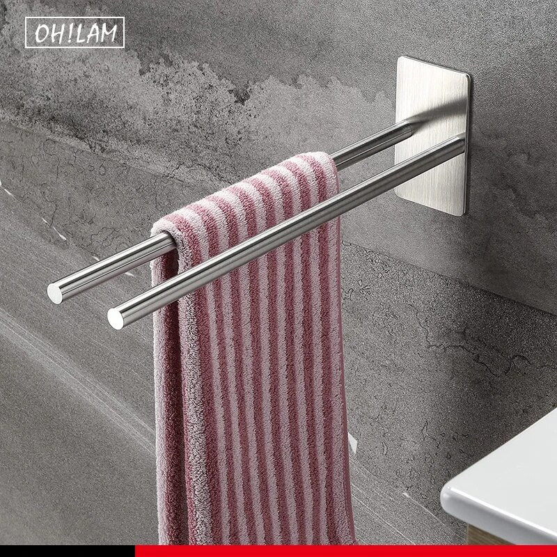 Samolepiaci vešiak na uteráky bez vŕtania, držiak na uteráky z nehrdzavejúcej ocele s dvoma ramenami, čierny matný držiak na uteráky na toaletný stolík