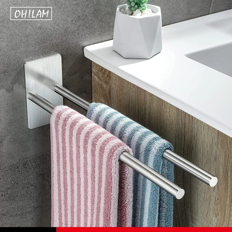 Samolepiaci vešiak na uteráky bez vŕtania, držiak na uteráky z nehrdzavejúcej ocele s dvoma ramenami, čierny matný držiak na uteráky na toaletný stolík