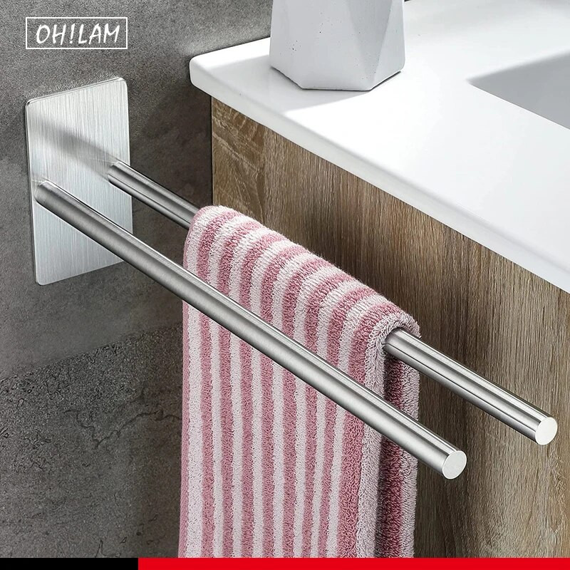 Samolepiaci vešiak na uteráky bez vŕtania, držiak na uteráky z nehrdzavejúcej ocele s dvoma ramenami, čierny matný držiak na uteráky na toaletný stolík