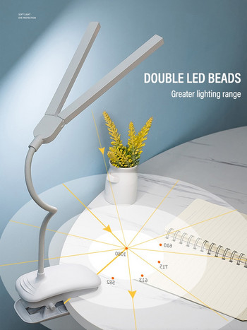 Επιτραπέζιο φωτιστικό ανάγνωσης LED διπλής κεφαλής με Κλιπ χειριστηρίου αφής Προστασία ματιών με ρυθμιζόμενο φως για γραφείο μελέτης κοιτώνα υπνοδωματίου