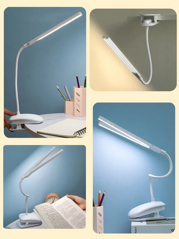 LED двуглава настолна лампа за четене с щипка за сензорно управление Димируема светлина Защита на очите за спалня Общежитие Учебен кабинет
