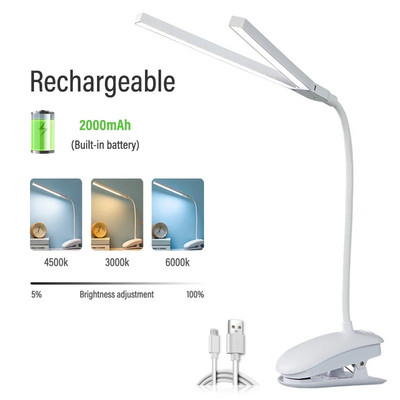 Επιτραπέζιο φωτιστικό ανάγνωσης LED διπλής κεφαλής με Κλιπ χειριστηρίου αφής Προστασία ματιών με ρυθμιζόμενο φως για γραφείο μελέτης κοιτώνα υπνοδωματίου
