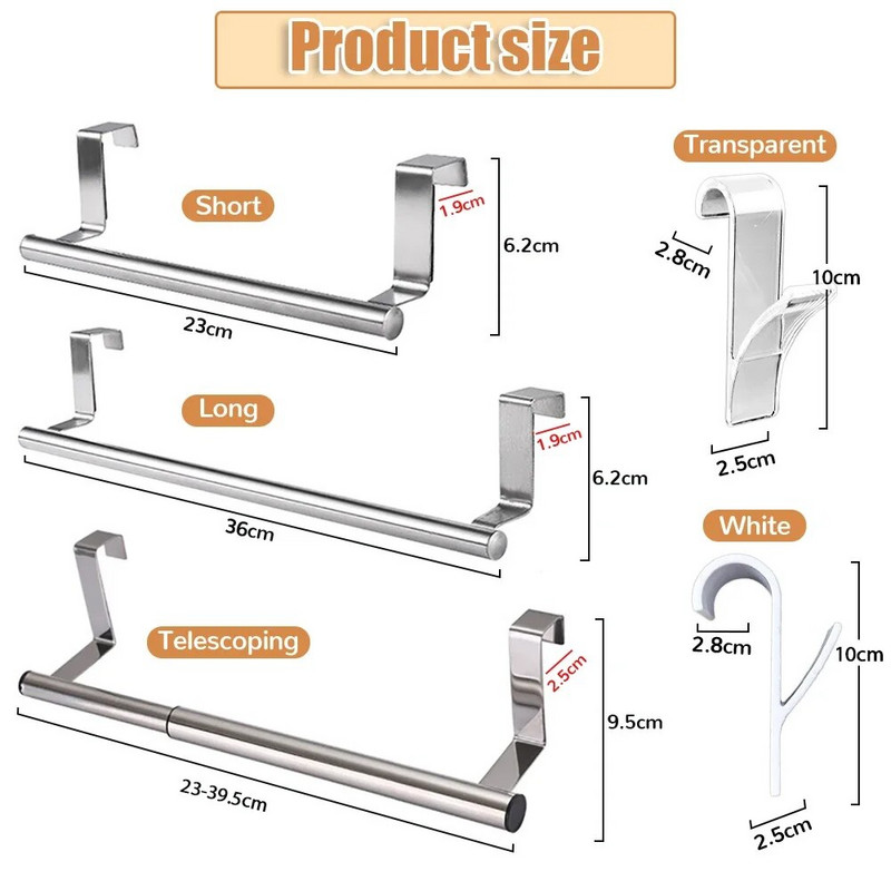 3 veľkosti vešiakov na uteráky bez dierovania, kuchynská linka, dvere, vešiak na uteráky, tyč na zavesenie, držiak na handričky, polica na lišty, domáci organizér s hákom