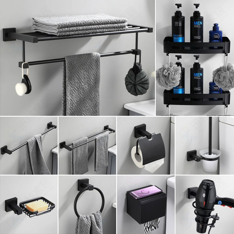 Πετσέτα δαχτυλιδιού Μαύρη Αλουμινένια Τουαλέτα Χεριού Μπαρ Τετράγωνη Στρογγυλή Κρεμαστή Ντους Ράφι Ράφι Αξεσουάρ Μπάνιου