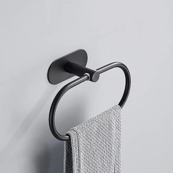 Баня Обикновена монтирана на стена стойка за кърпи от неръждаема стомана Самозалепваща се поставка за кърпи Закачалка Пръстен за кърпи Съхранение Висящ рафт Черен