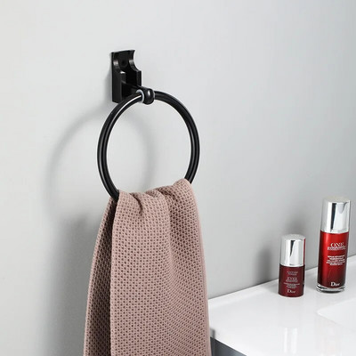 Erdvė Aliuminio sulankstomas dizainas Juodi rankšluosčių žiedai Rankšluosčių laikiklis Apvalus sieninis rankšluosčių kabykla Vonios kambario priedai Aparatūra