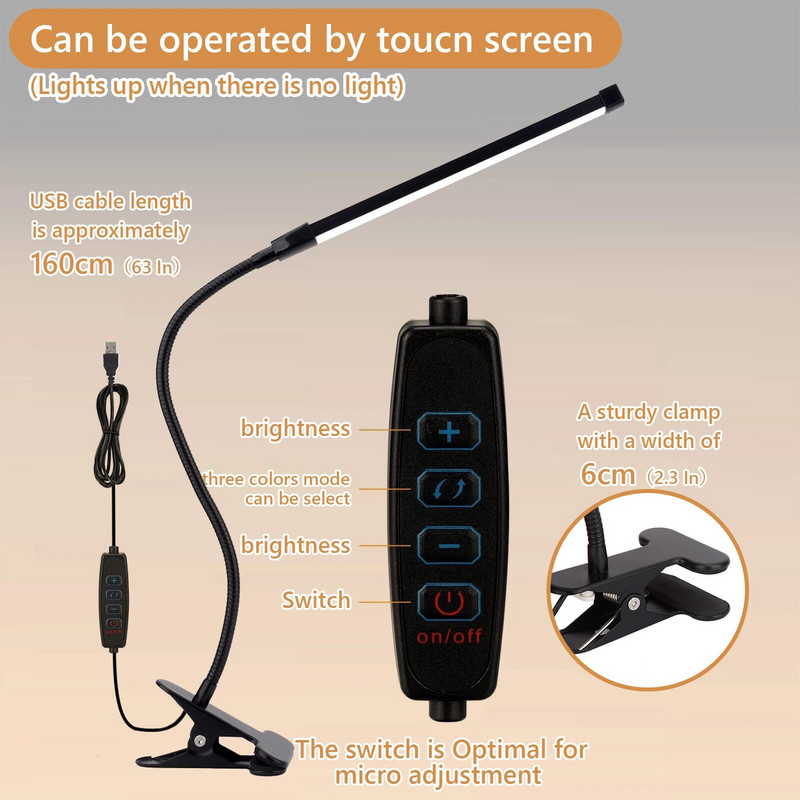 LED stolová lampa so svorkou, šetriace oči pripínacie svetlá do domácej kancelárie, 3 režimy jasu 10, dlhý flexibilný husí krk, kov