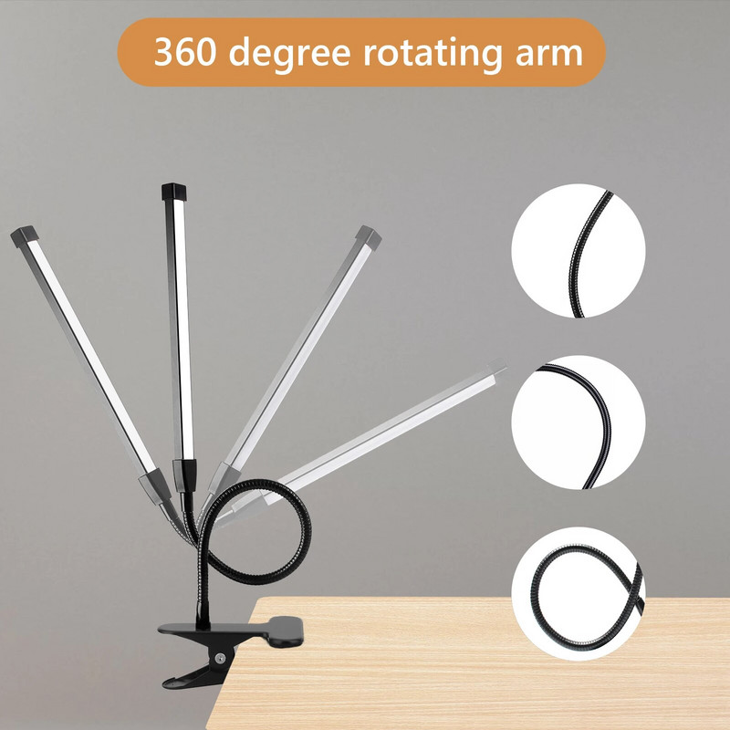 LED stolová lampa so svorkou, šetriace oči pripínacie svetlá do domácej kancelárie, 3 režimy jasu 10, dlhý flexibilný husí krk, kov