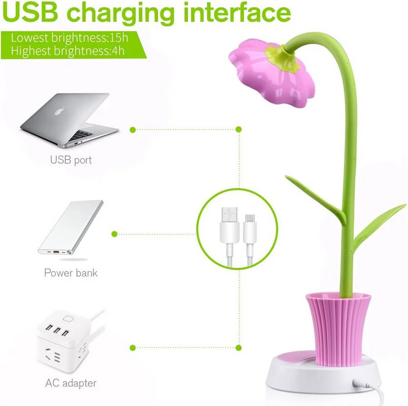 LED päevalille laualamp Laste silmade eest hoolitsevad lugemislambid USB Taaslaetav hämardatav laud Öövalgusti puutejuhtimine pliiatsihoidjaga