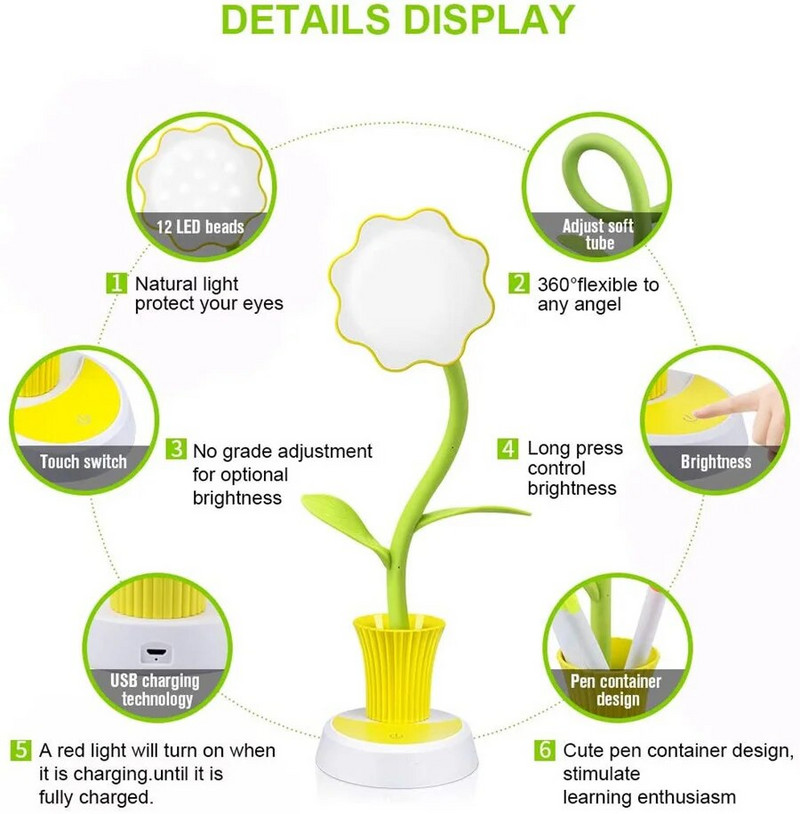 LED päevalille laualamp Laste silmade eest hoolitsevad lugemislambid USB Taaslaetav hämardatav laud Öövalgusti puutejuhtimine pliiatsihoidjaga
