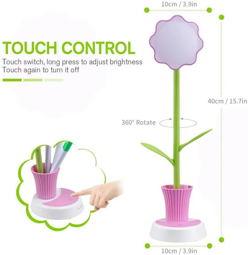 LED päevalille laualamp Laste silmade eest hoolitsevad lugemislambid USB Taaslaetav hämardatav laud Öövalgusti puutejuhtimine pliiatsihoidjaga