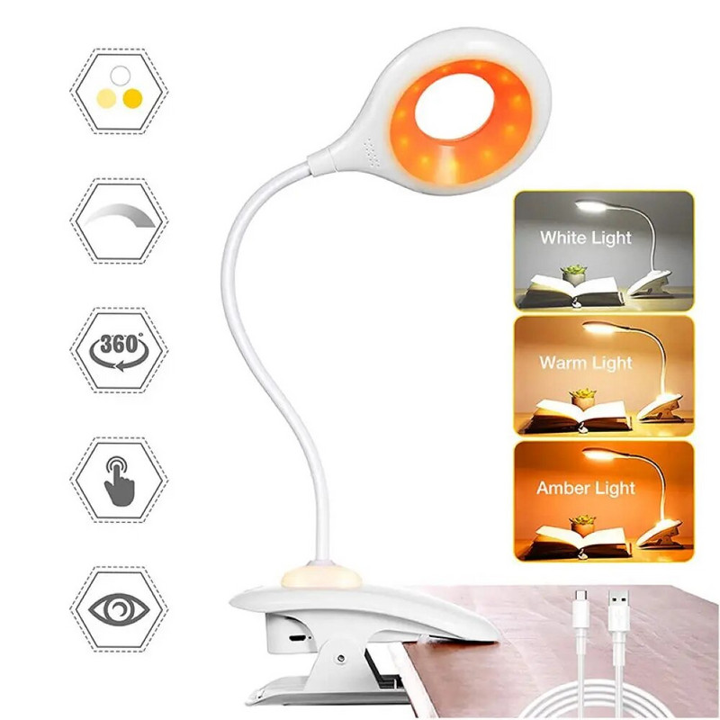 LED-lugemine, painduv klambriga raamatuvalgustite kollektsioon USB-laetav silmade kaitse Astmeta hämarduv õpilaste lugemislaualamp