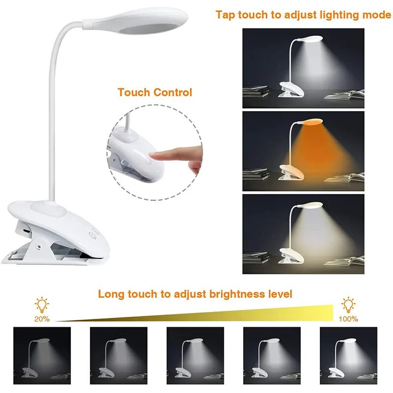 LED-lugemine, painduv klambriga raamatuvalgustite kollektsioon USB-laetav silmade kaitse Astmeta hämarduv õpilaste lugemislaualamp