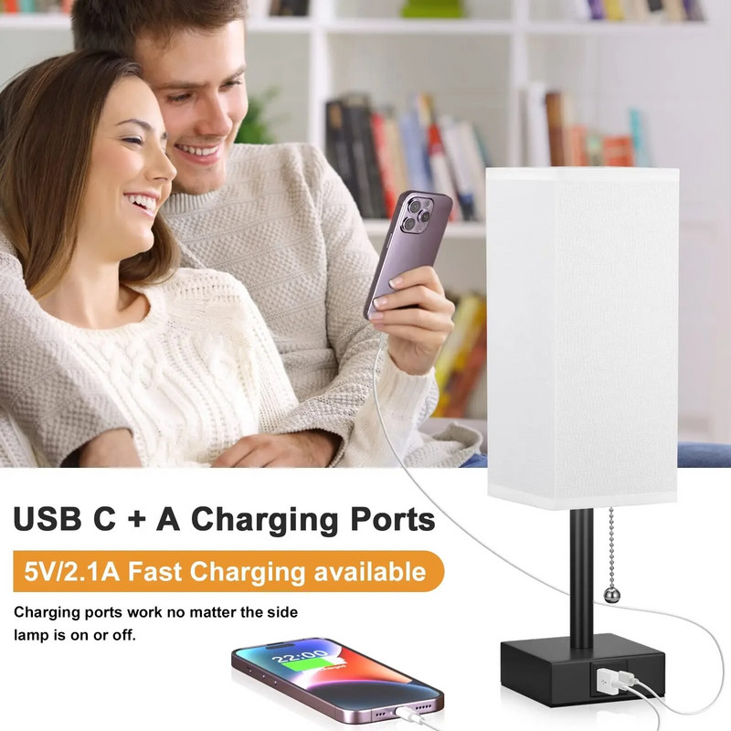 USB-C+A-portidega öökapivalgusti tõmbeketiga laualamp USB-laetav AC85-265V vari elutoa õppetöö lugemisvalgusti jaoks