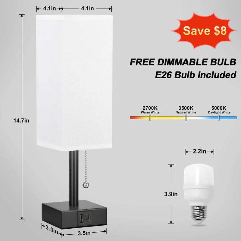 USB-C+A-portidega öökapivalgusti tõmbeketiga laualamp USB-laetav AC85-265V vari elutoa õppetöö lugemisvalgusti jaoks