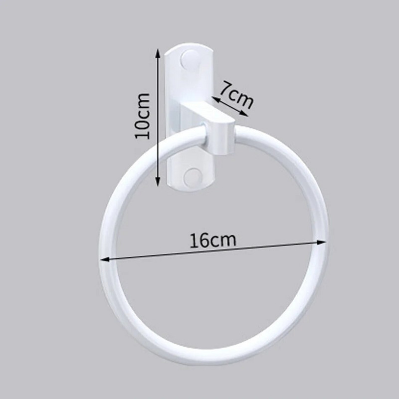 Valge käterätikurõnga ruum, alumiiniumist seinale kinnitatav vannirätikuhoidja, ümmargune riidepuu riiul köögi tualett-vannitoa tarvikutele