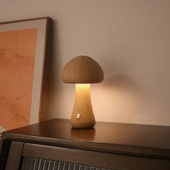 INS LED нощна лампа със сензорен превключвател Дървена сладка гъба Нощна настолна лампа за спалня Детска стая Нощни лампи за спане