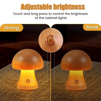 INS LED нощна лампа със сензорен превключвател Дървена сладка гъба Нощна настолна лампа за спалня Детска стая Нощни лампи за спане