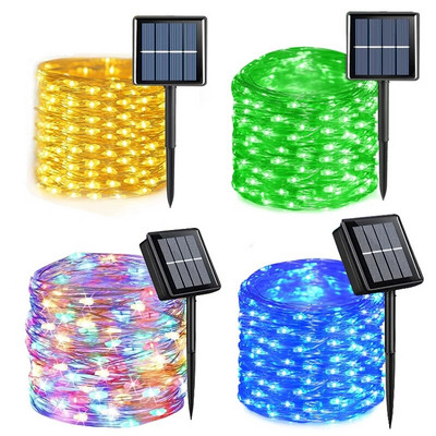 Saulės styginių fėjų lemputės 12m 100LED / 32M 300LED vandeniui atspari lauko girlianda Saulės energijos lempa Kalėdų sodo dekoravimui