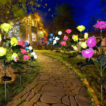 Слънчеви светодиодни светлини Външни декоративни 5 глави Слънчеви градински светлини Розови цветя Лампа за морава за двор, двор, градински декор