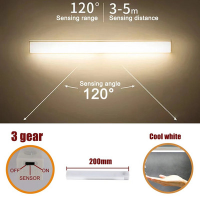 Long Motion Sensing Night Light Ντουλάπα κουζίνας 3 Λειτουργίες Βιβλιοθήκη Ρούχα στο κρεβάτι Επαναφορτιζόμενη φορητή λάμπα