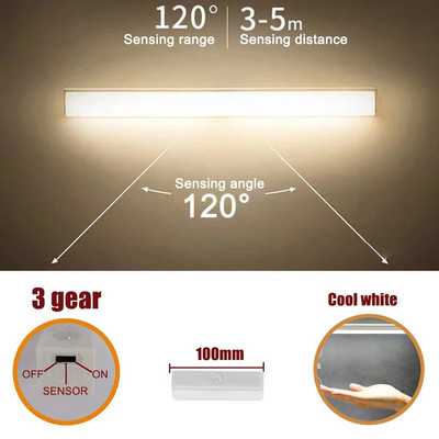 Long Motion Sensing Night Light Ντουλάπα κουζίνας 3 Λειτουργίες Βιβλιοθήκη Ρούχα στο κρεβάτι Επαναφορτιζόμενη φορητή λάμπα