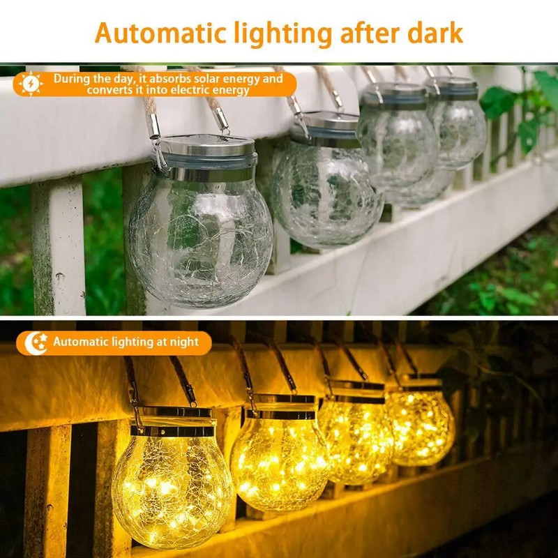 Lumină romantică pentru borcan de zidar din sticlă cu fisuri solare Lumină cu LED colorată Lampă cu minge pentru dorințe de Crăciun pentru decorarea grădinii în aer liber