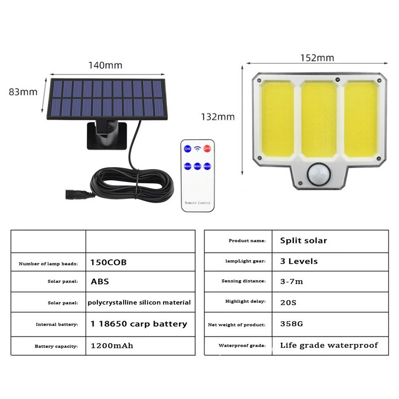 Solar Motion Lights LED COB välistingimustes päikeseenergial töötavad üleujutuste turvavalgustid koos kaugjuhtimisega IP65 veekindlate seinavalgustitega