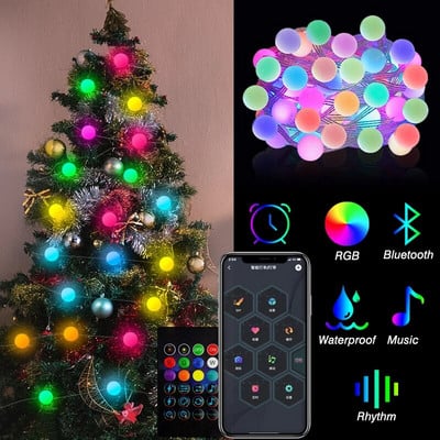 RGB IC Коледна елха Fairy String Light LED Ball Garland Bluetooth Многоцветна водоустойчива външна лампа Xmas Wedding Party Decor