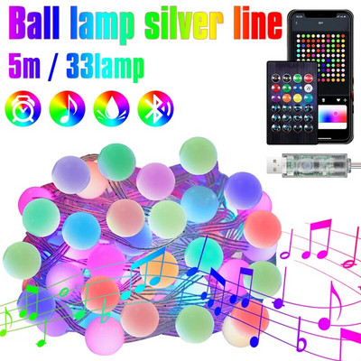 RGB IC Pom de Crăciun șir de zâne Ghirlandă cu bile LED Bluetooth Lampă de exterior rezistentă la apă multicoloră Decor de petrecere de nuntă de Crăciun